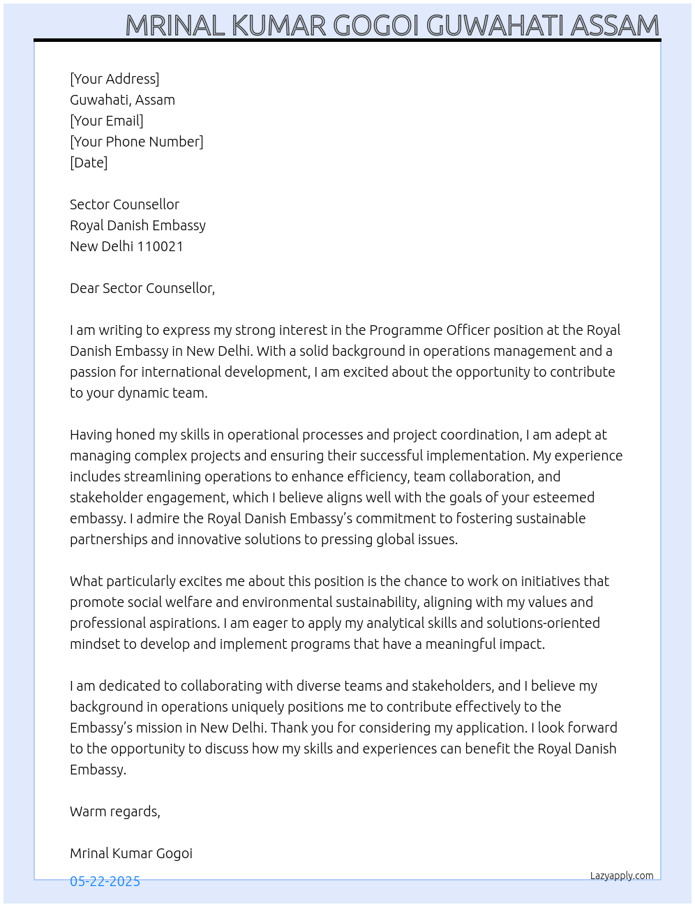 Programme Officer At Royal Danish Embassy New Delhi 110021 Cover Letter