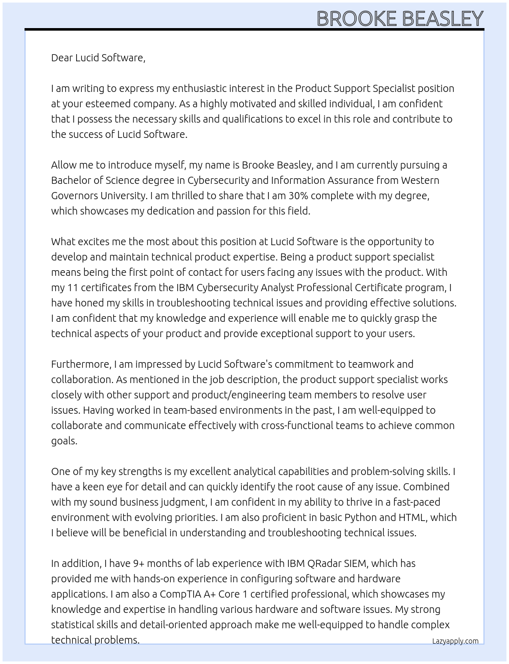 Product Support Specialist At Lucid Software Cover Letter