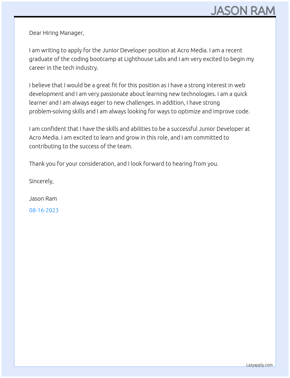 Junior Developer At Acro Media Cover Letter