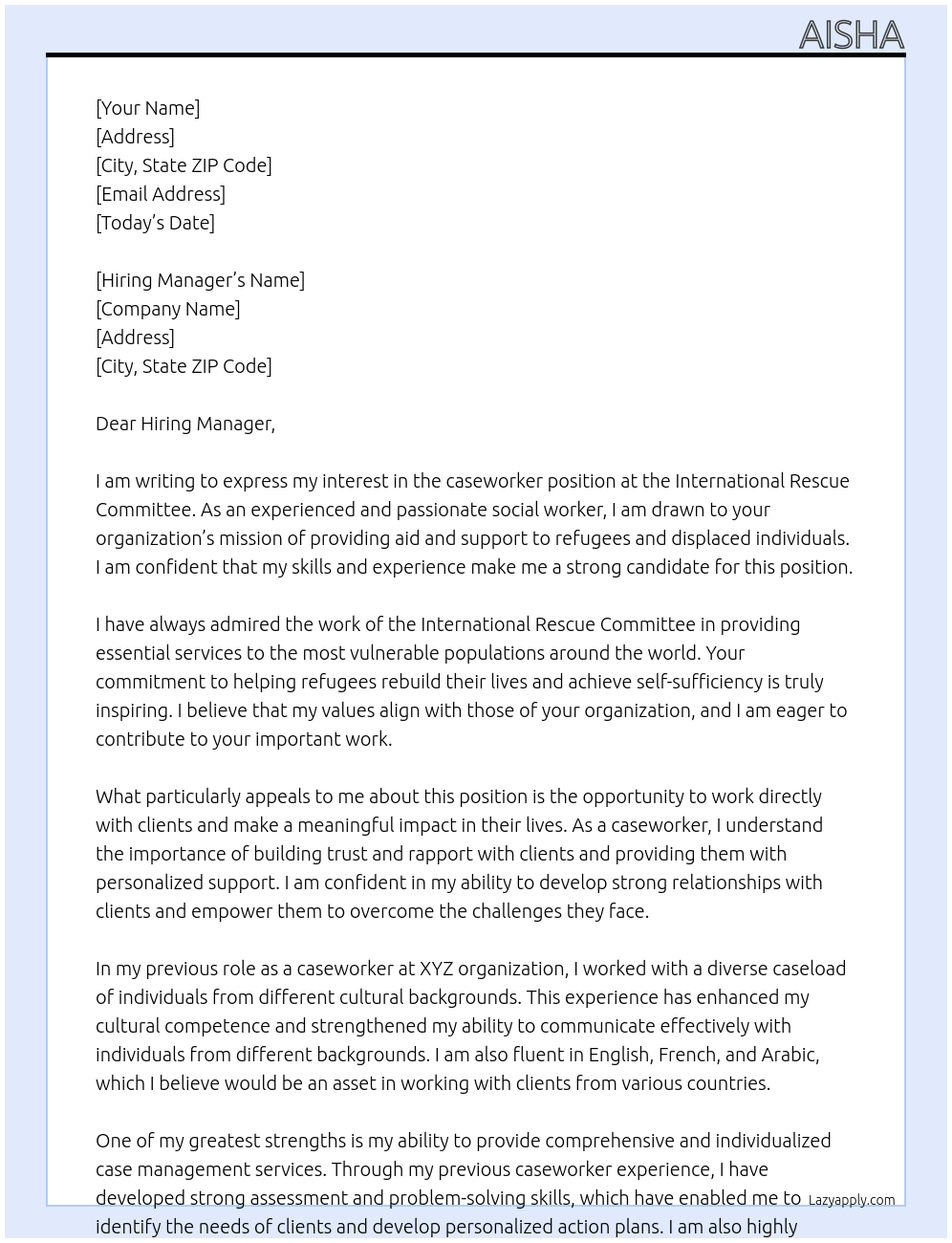 caseworker At international rescue committe Cover Letter