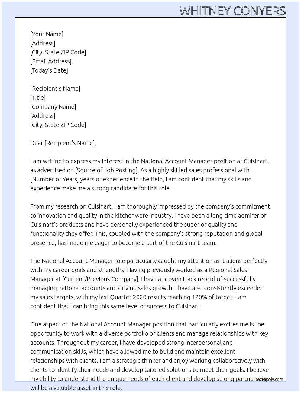 National Account Manager At Cuisinart Cover Letter