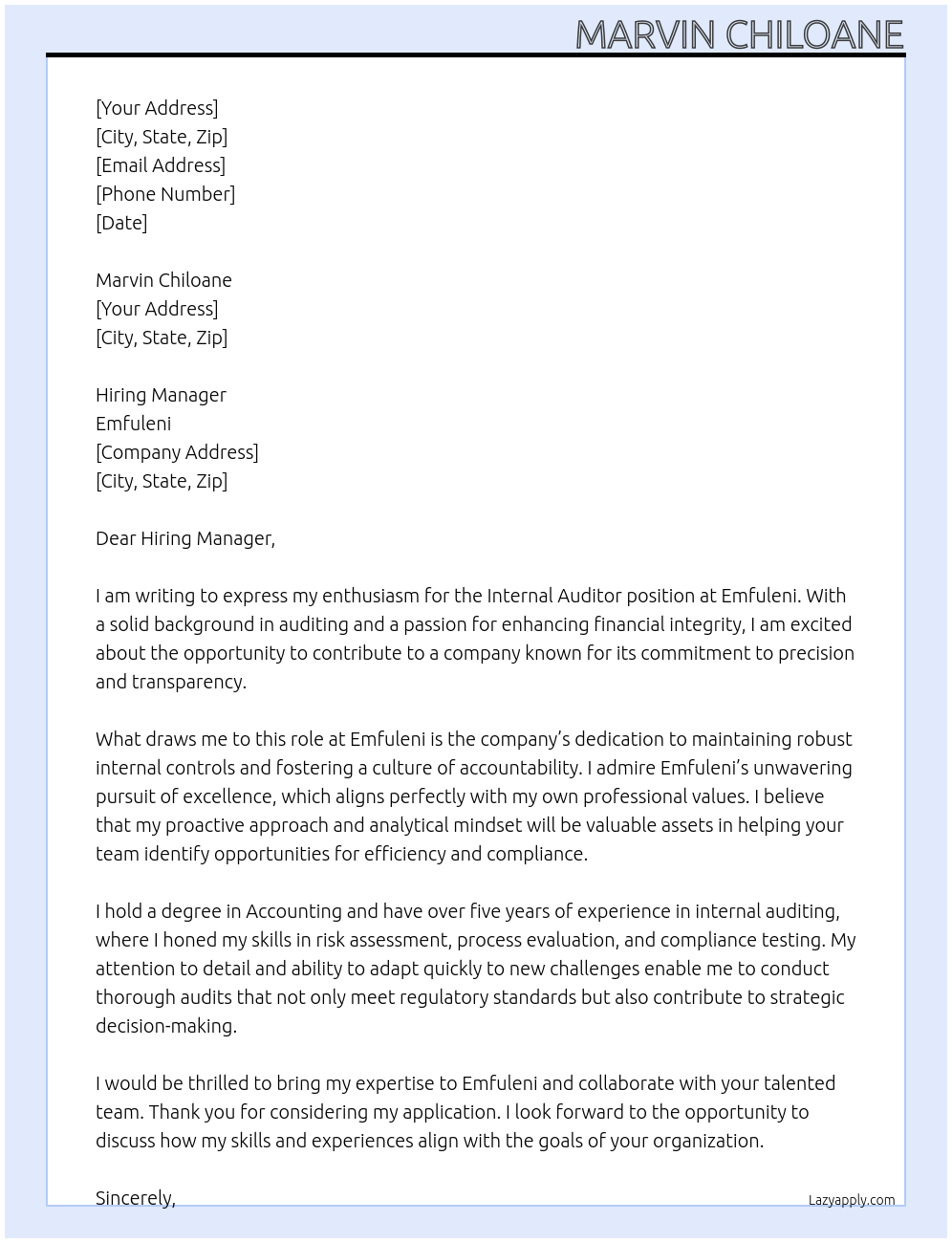 Internal Auditor  At Emfuleni Cover Letter