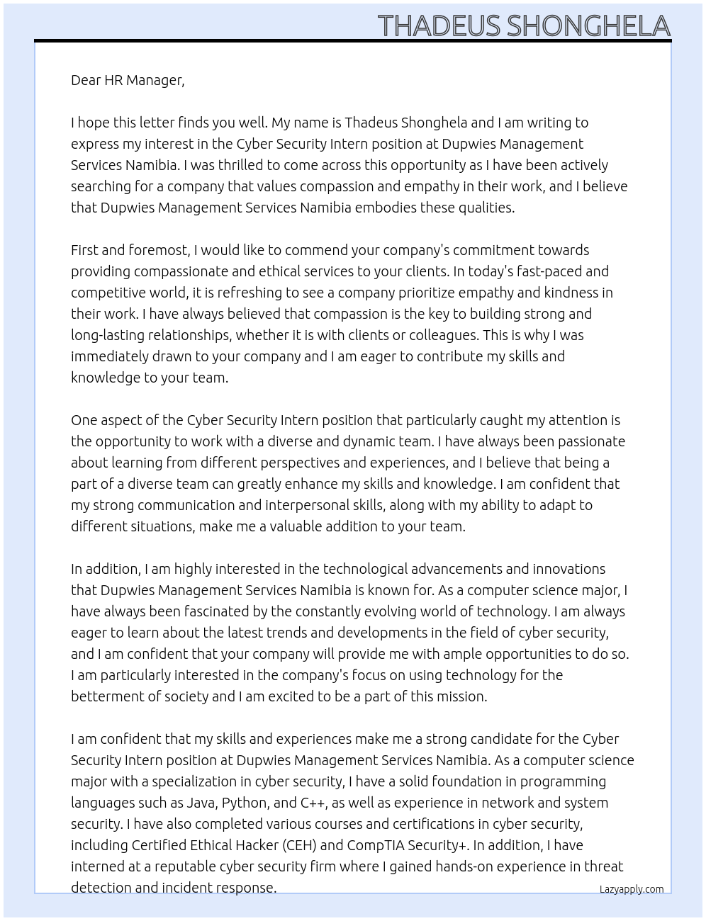 Cyber Security Intern At Dupwies Management Services Namibia Cover Letter