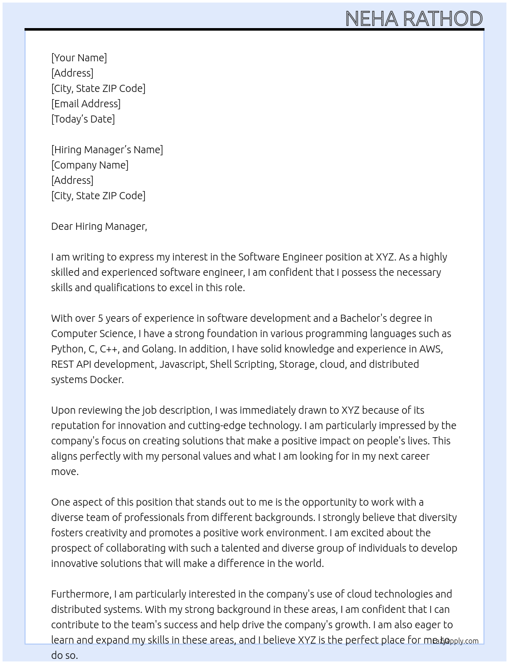 Sofware Engineer At xyz Cover Letter