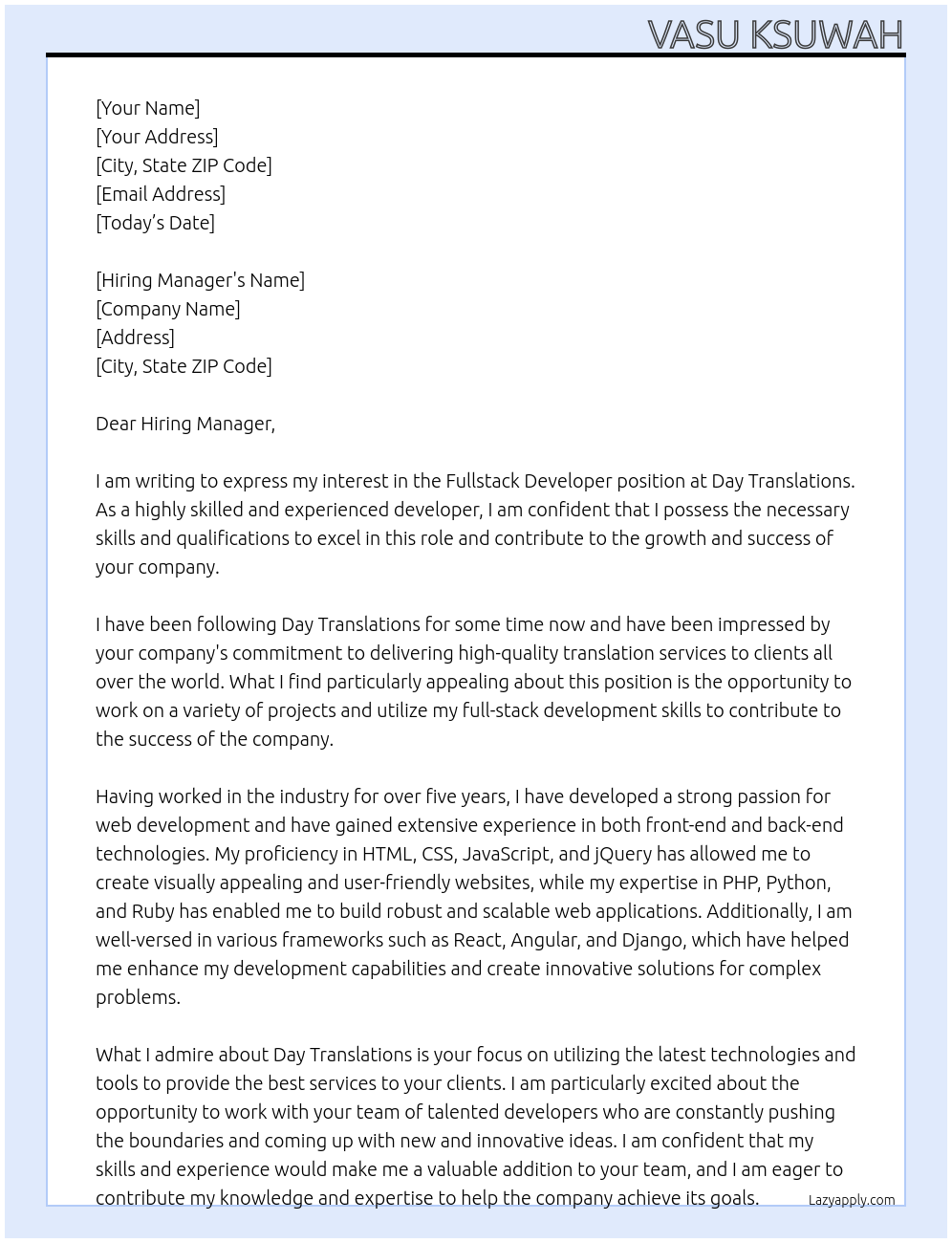 Fullstack Developer At Day Translations Cover Letter