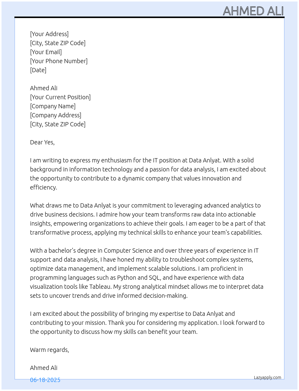 It At Data anlyat Cover Letter