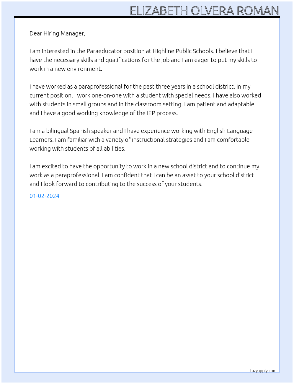 Paraeducator At Highline Public Schools Cover Letter