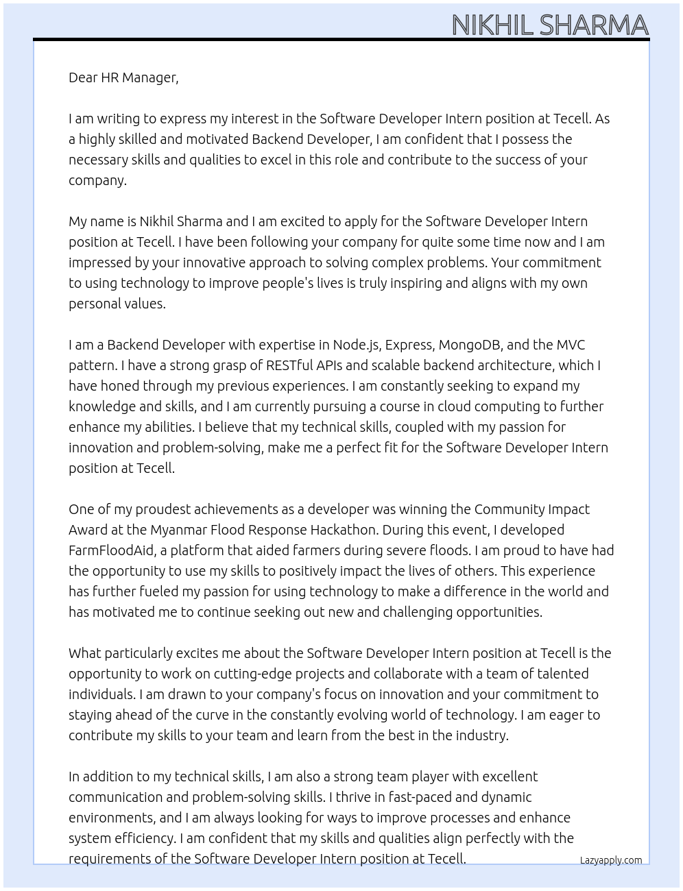Software Developer Intern At Tecell Cover Letter