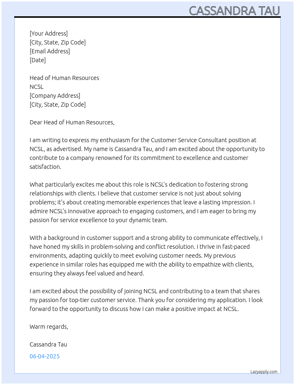 Customer service consultant At NCSL Cover Letter