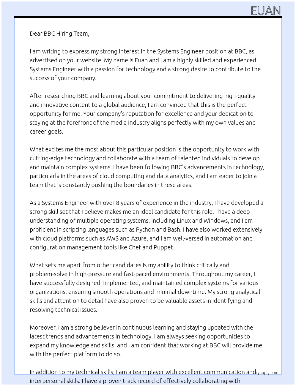 Systems engineer At bbc Cover Letter