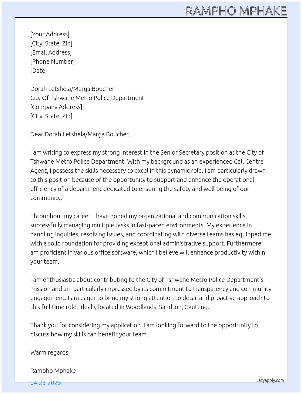 Senior Secretary At City Of Tshwane Metro PoliceDepartment Cover Letter