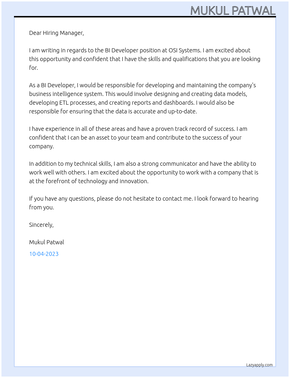 BI Developer At OSI Systems Cover Letter
