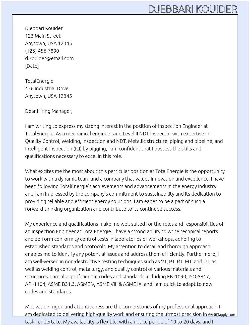 inspection engineer At TotalEnergie Cover Letter