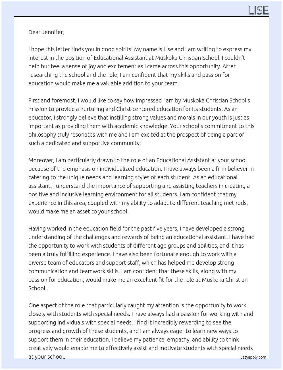 Educational Assistant At Muskoka Christian School Cover Letter