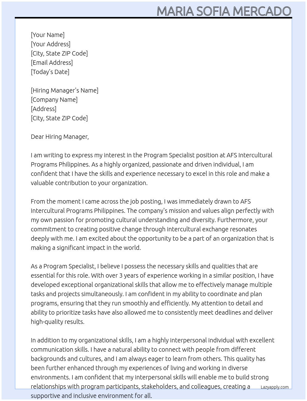 Program Specialist At AFS Intercultural Programs Philippines Cover Letter