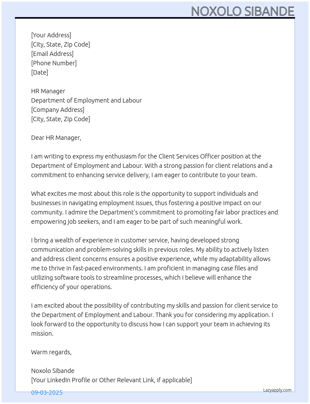 Client Services Officer At Department of Employment and Labour Cover Letter