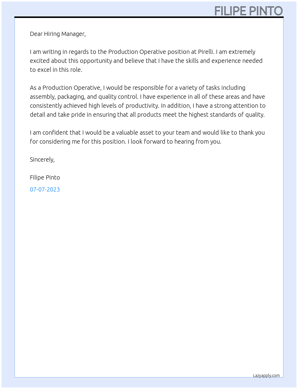Production Operative At Pirelli Cover Letter