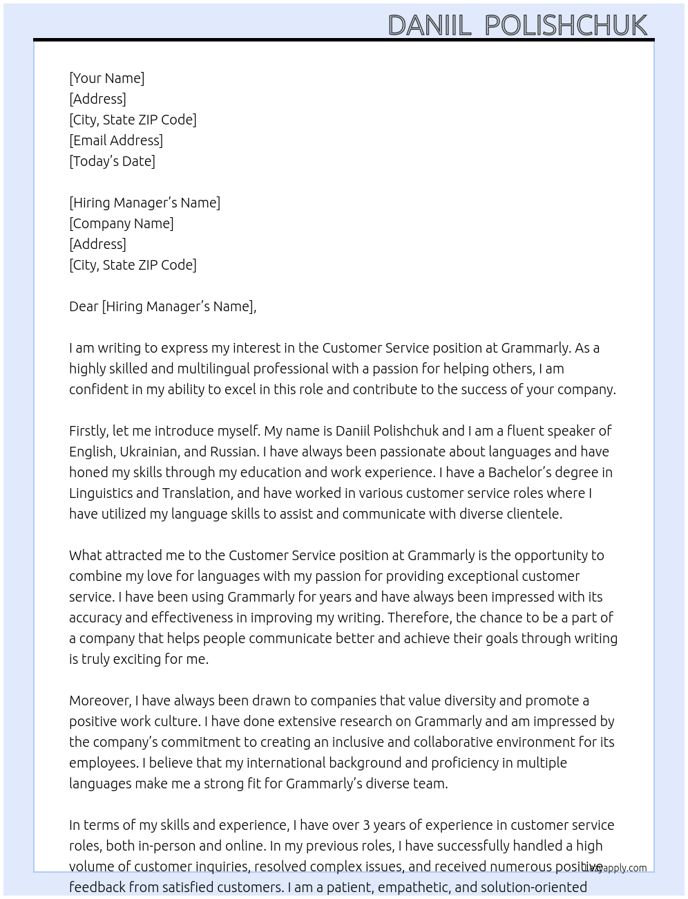 Costumer service At Grammarly Cover Letter