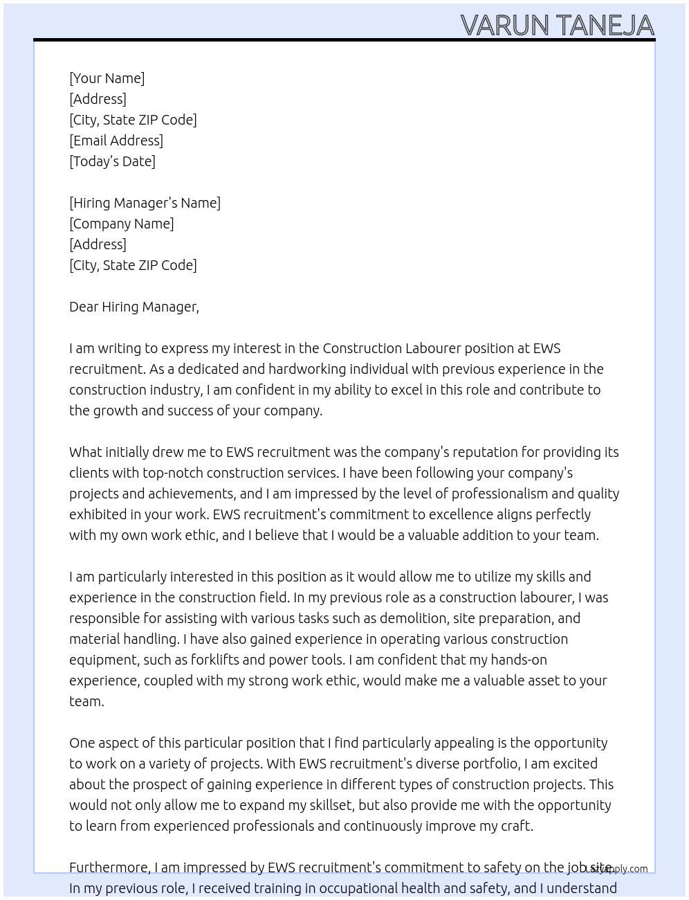 Construction Labourer At EWS recruitment Cover Letter