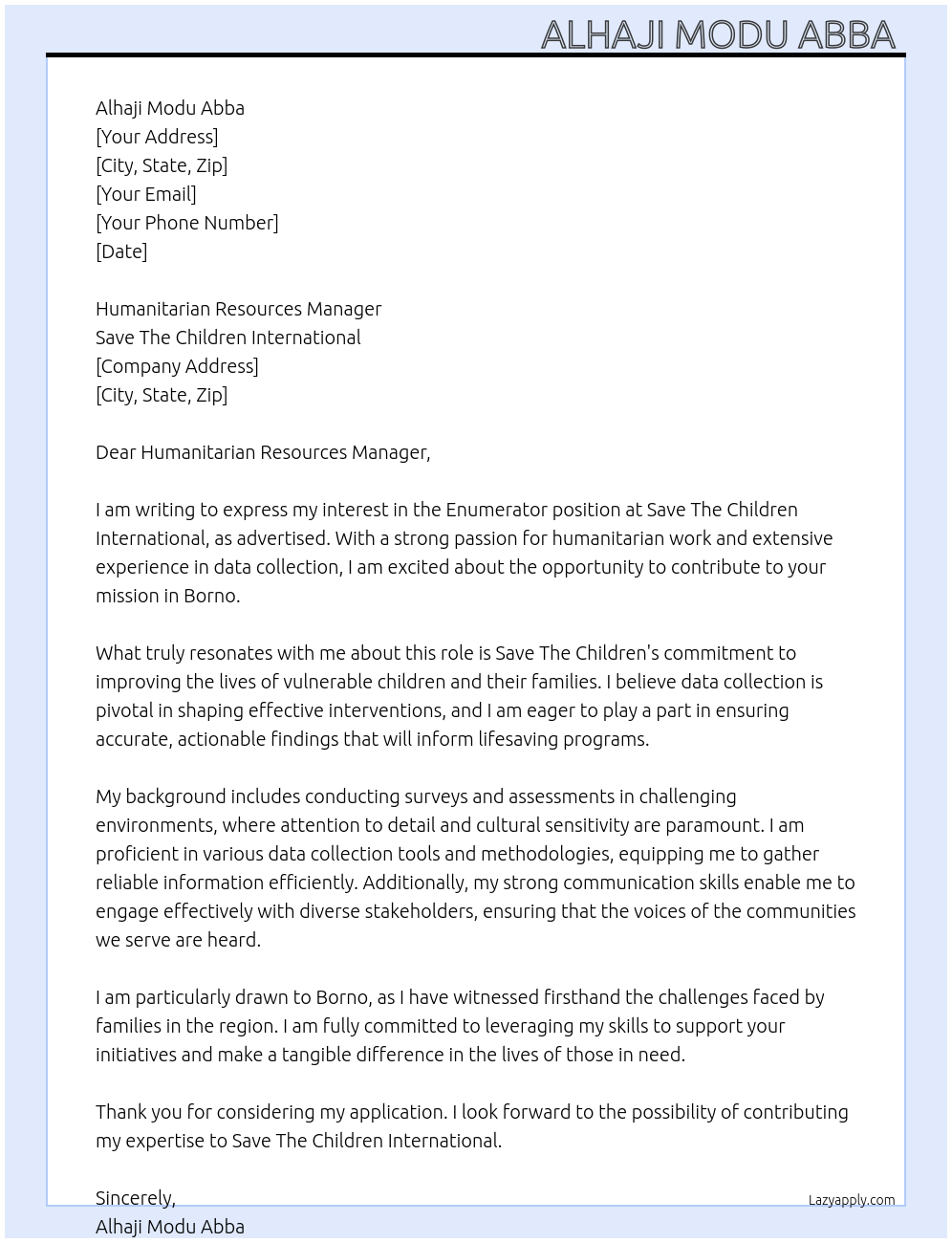 Enumerator At Save The Children International Cover Letter