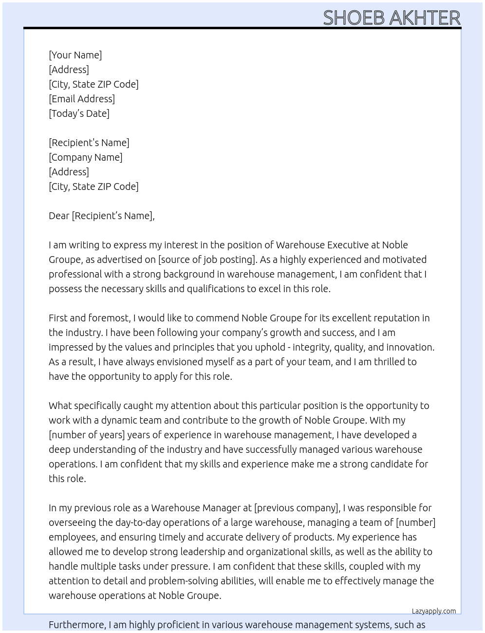 warehouse executive At noble groupe Cover Letter