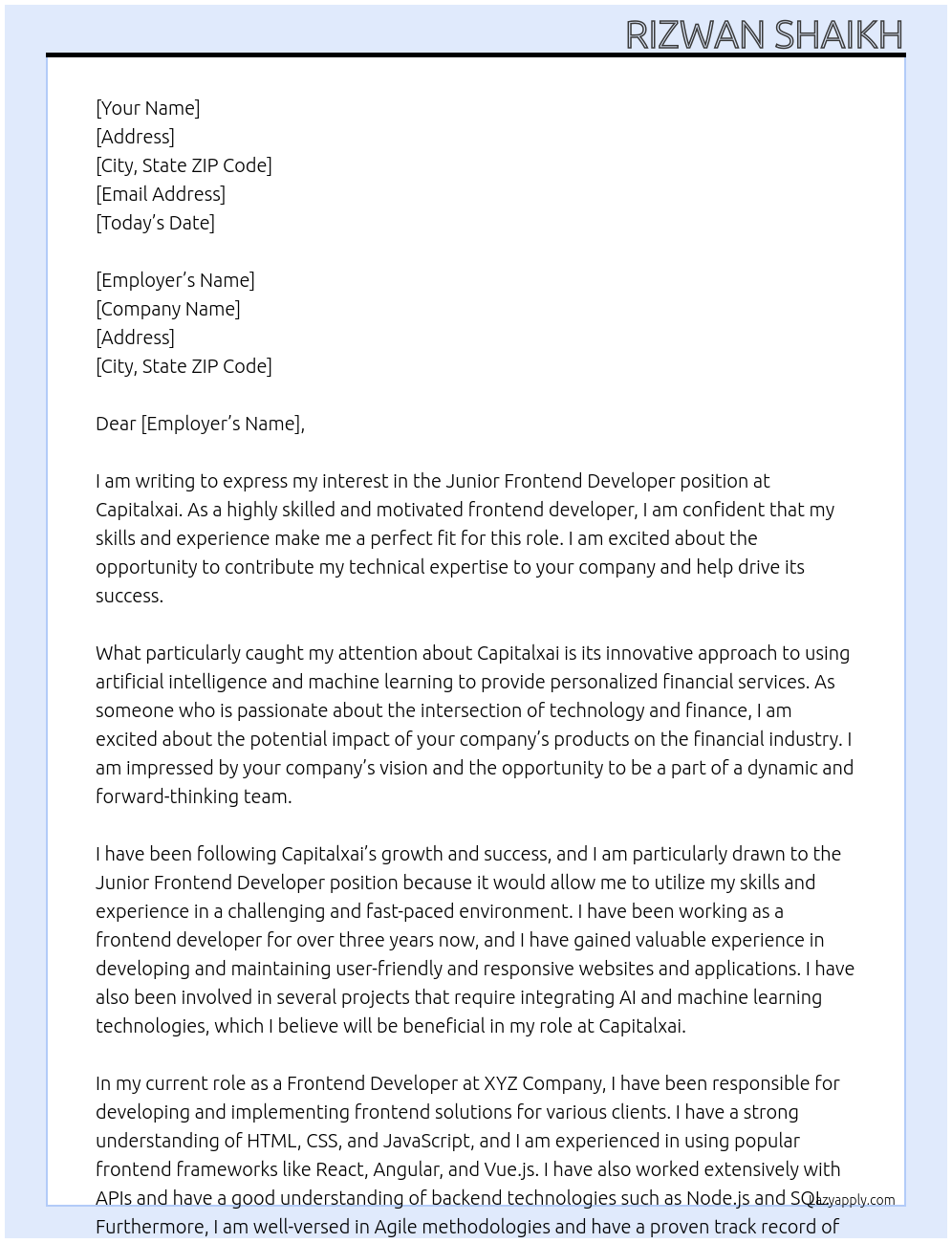 Junior Frontend Developer At Capitalxai Cover Letter