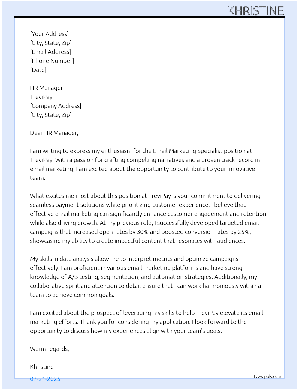 Email Marketing Specialist At TreviPay Cover Letter