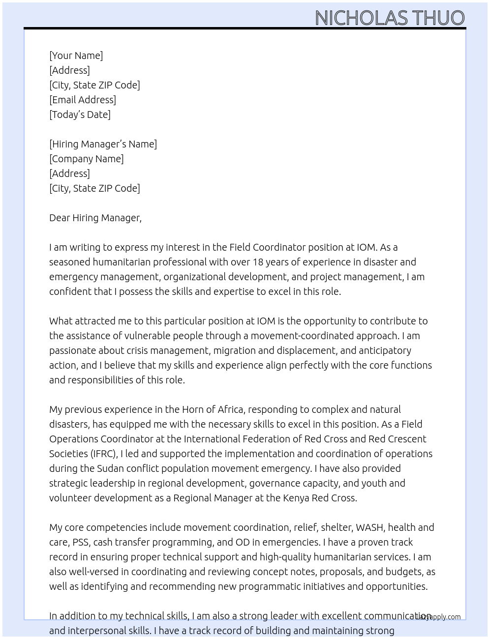 Field Coordinator At IOM Cover Letter