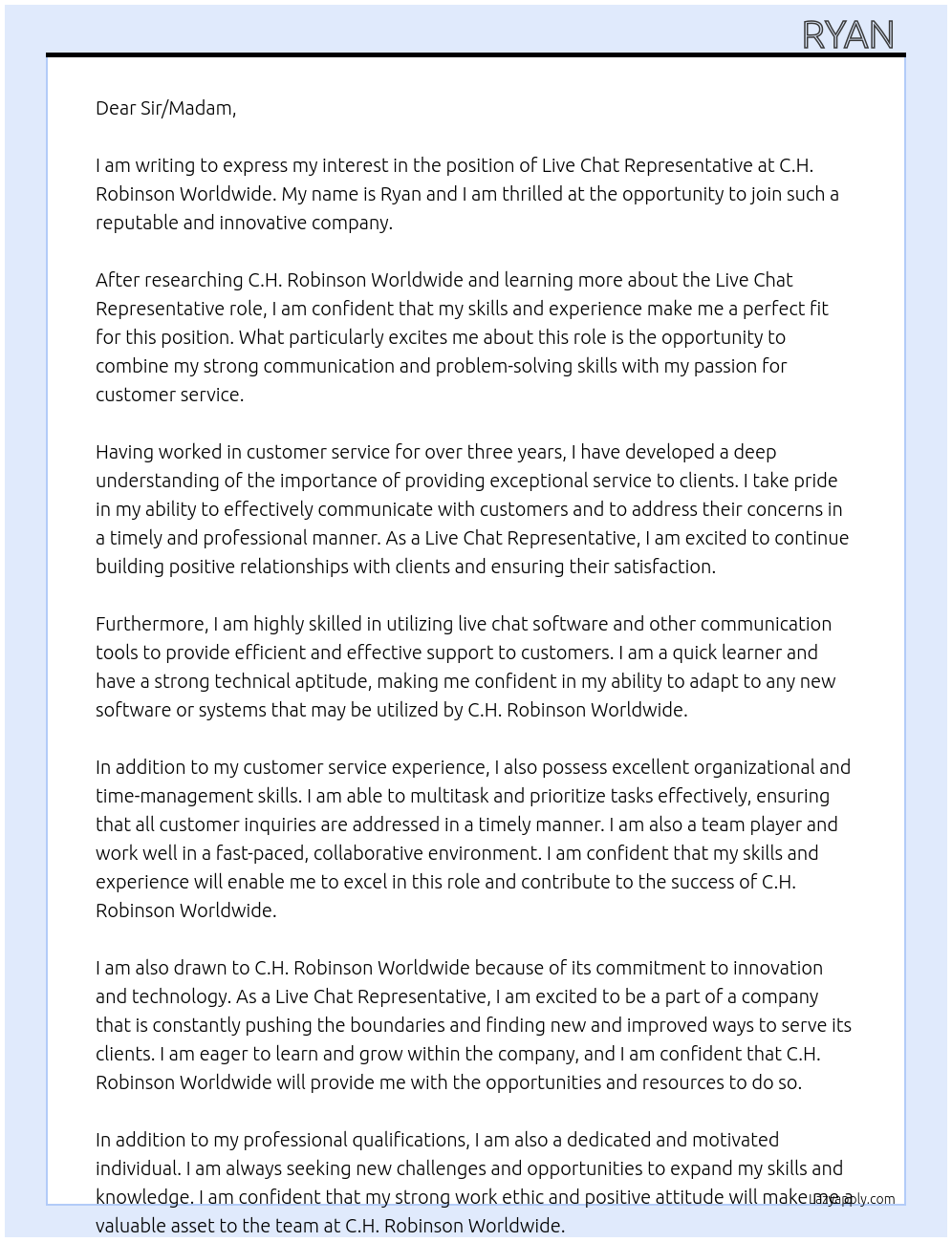Live Chat Representative At C.H. Robinson Worldwide Cover Letter