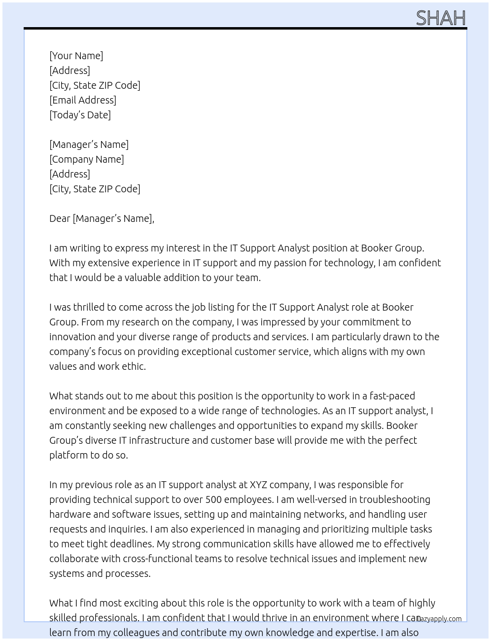 IT support analyst At Booker Group Cover Letter