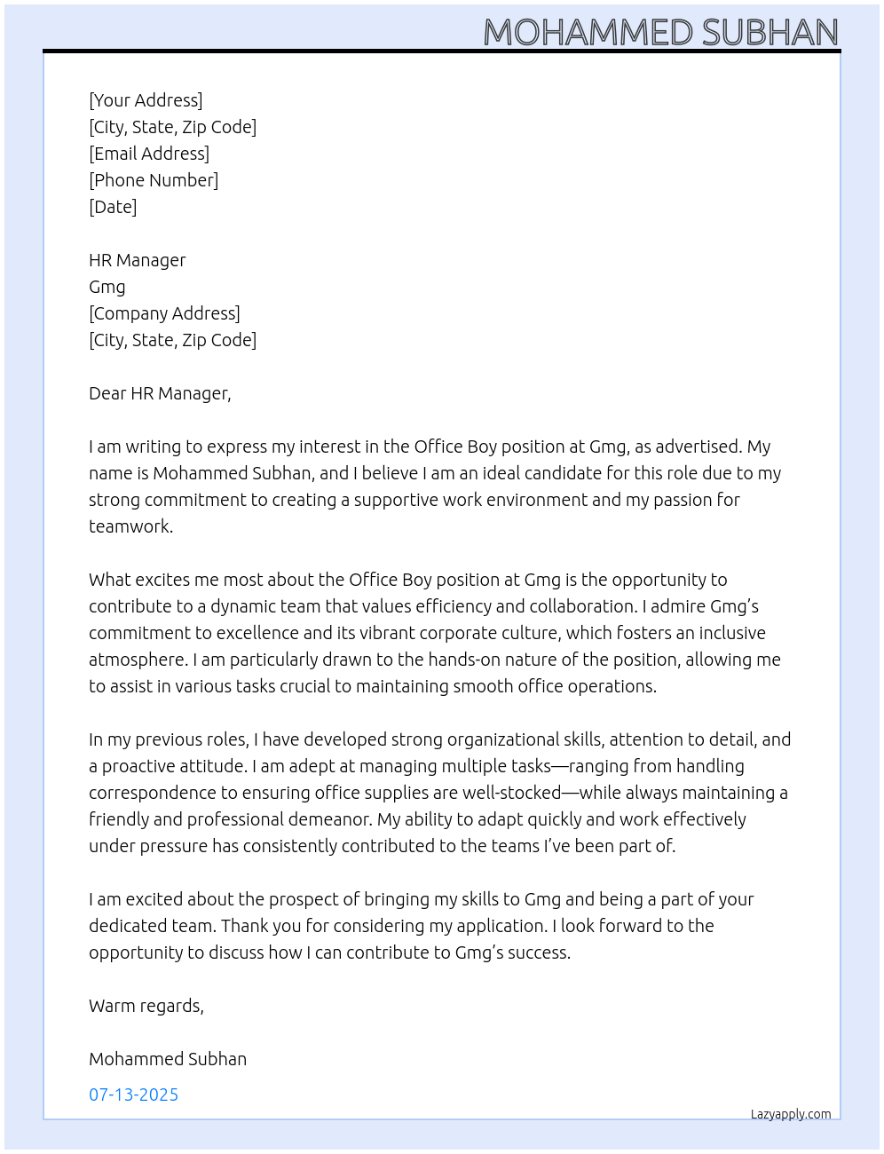 Office boy At Gmg Cover Letter