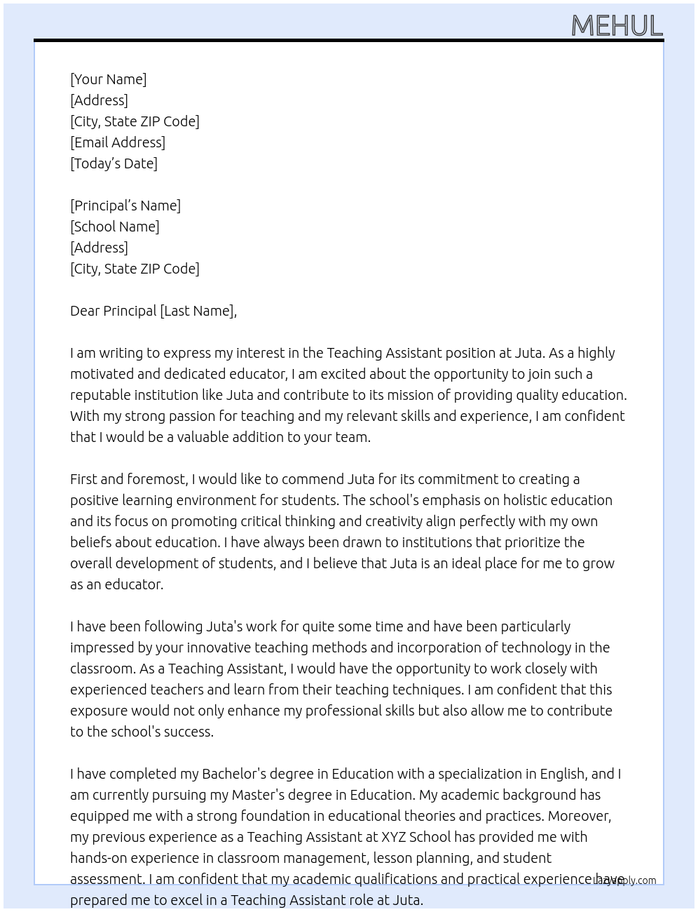 Teaching Assistant At Juta Cover Letter