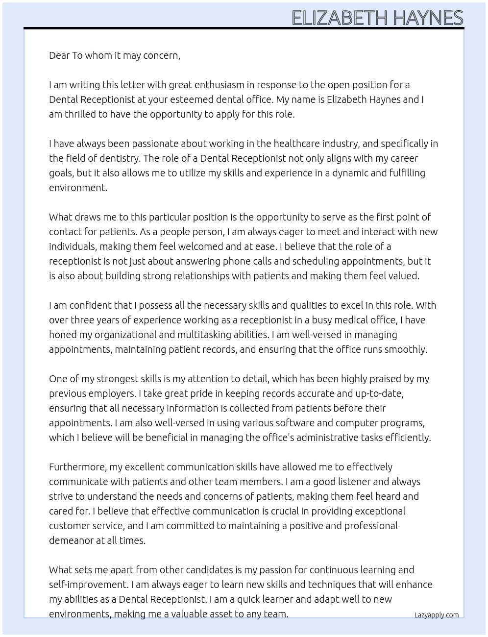 Dental Receptionist At Dental office Cover Letter