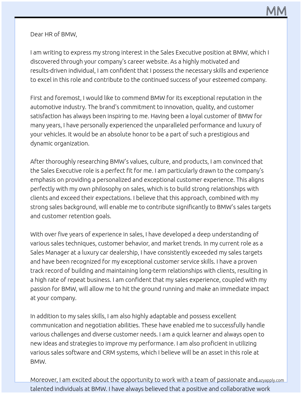 Sale executive At Bmw Cover Letter