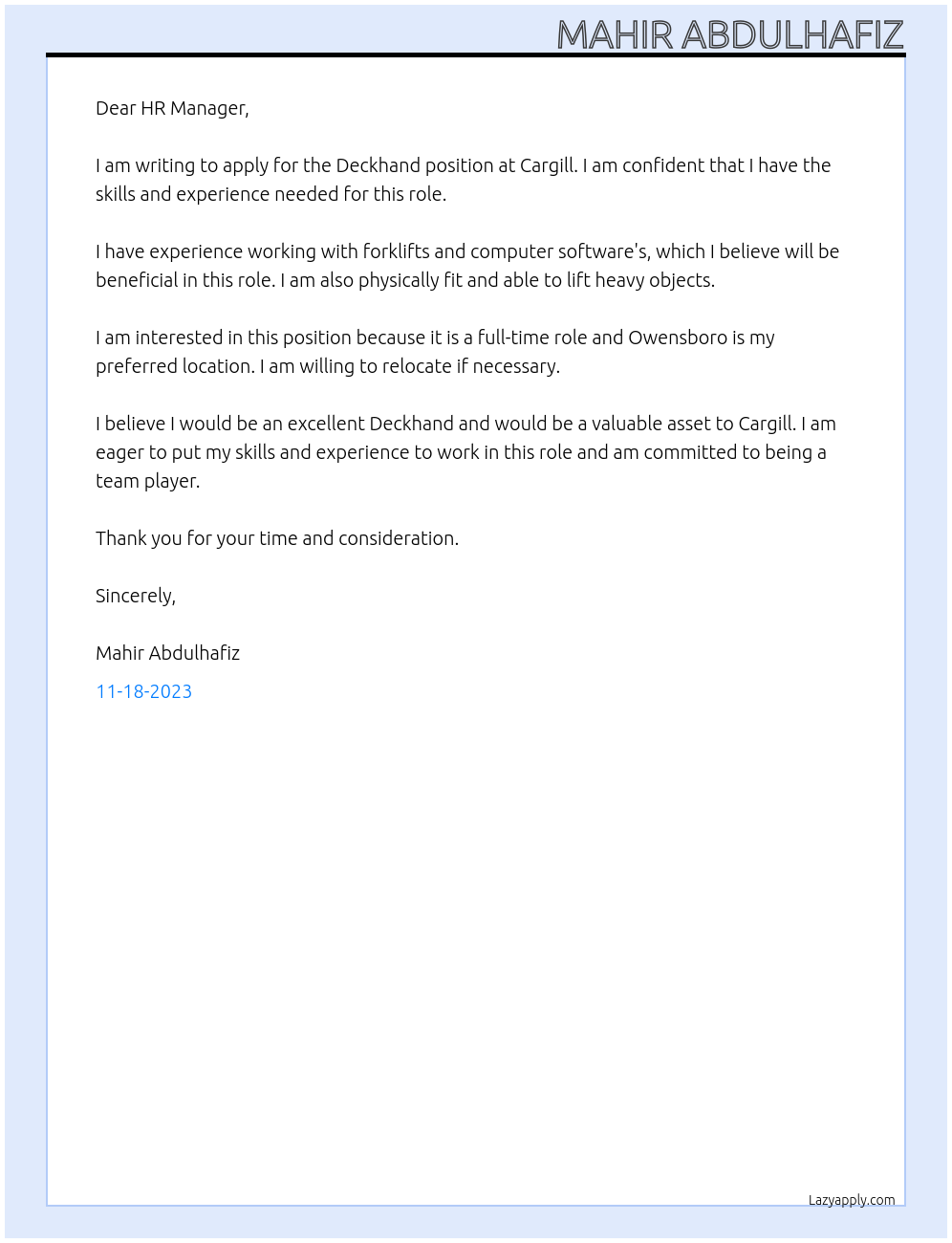 Deckhand At Cargill Cover Letter