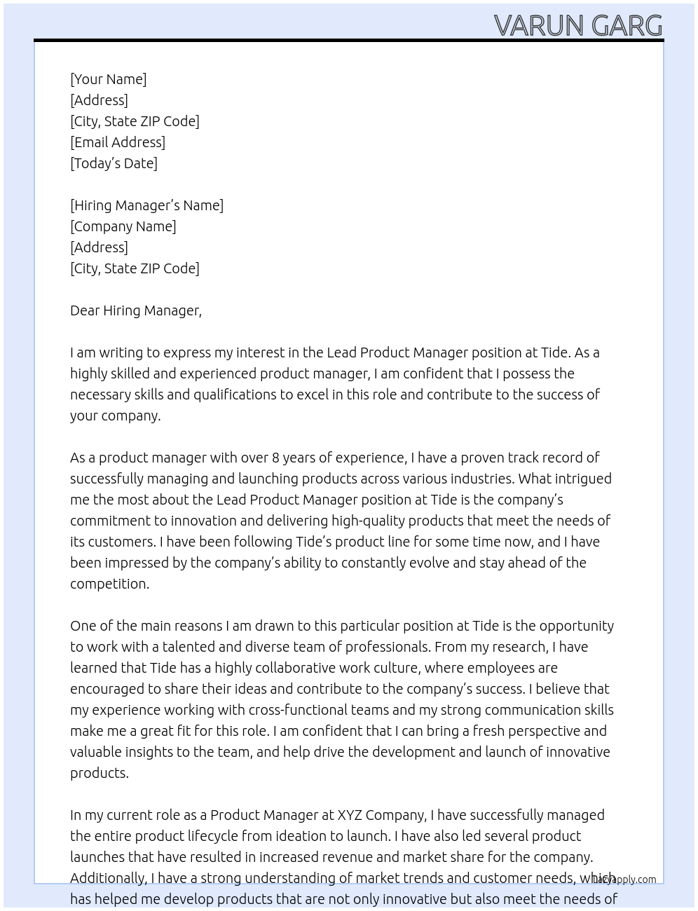 Lead Product Manager At Tide Cover Letter