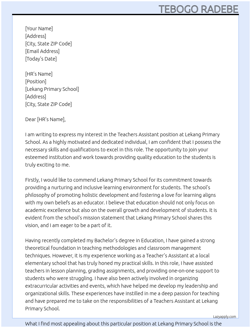 Teachers Assistant At Lekang Primary School Cover Letter