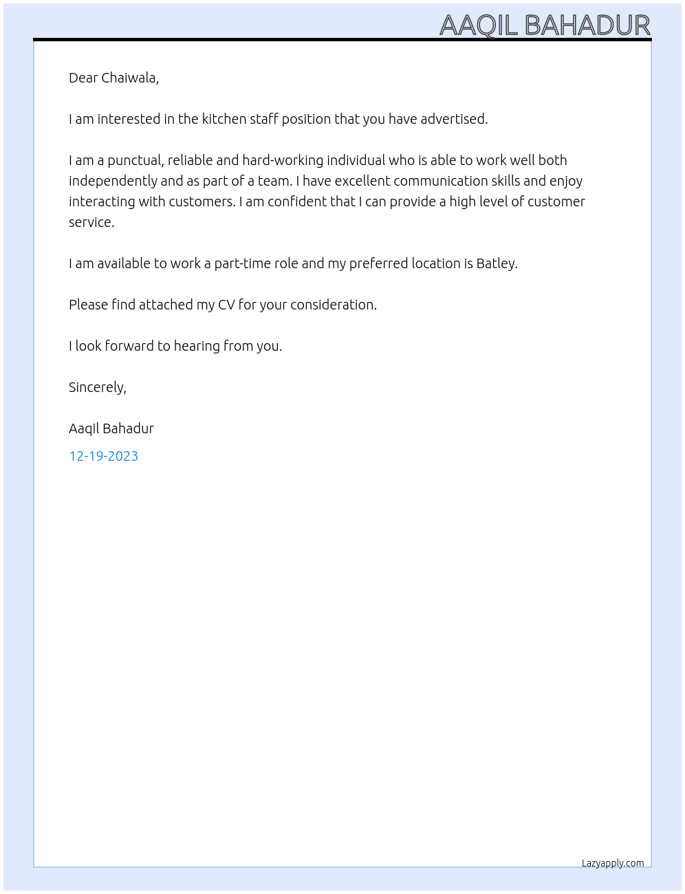 kitchen staff At chaiwala Cover Letter