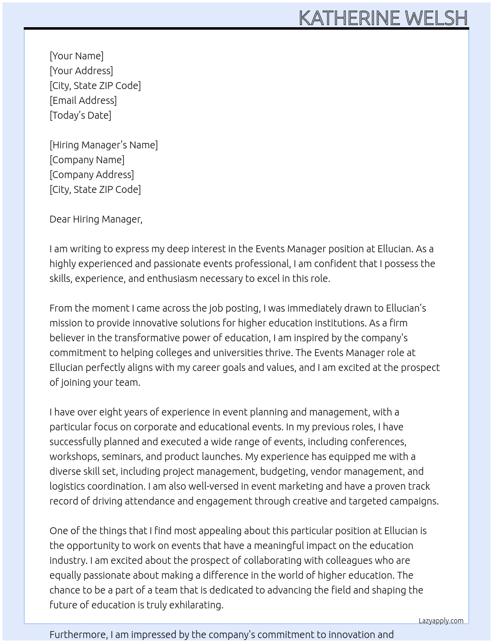 Events Manager At Ellucian Cover Letter