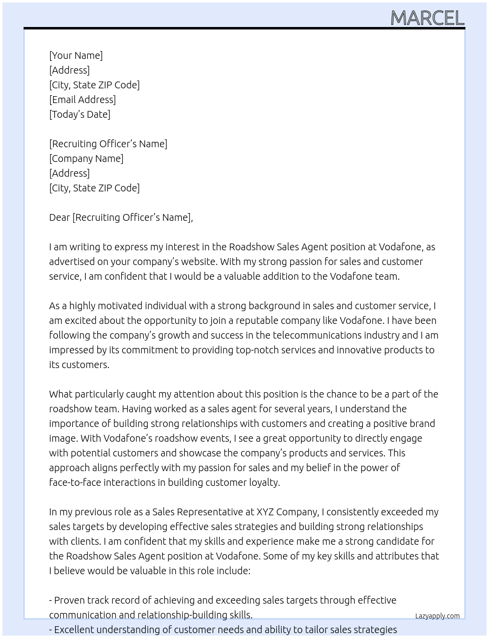 Roadshow sales agent At Vodafone Cover Letter