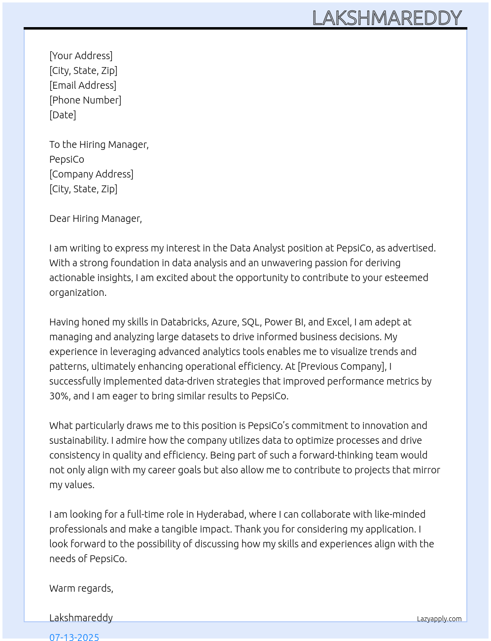 Data Analyst At PepsiCo Cover Letter