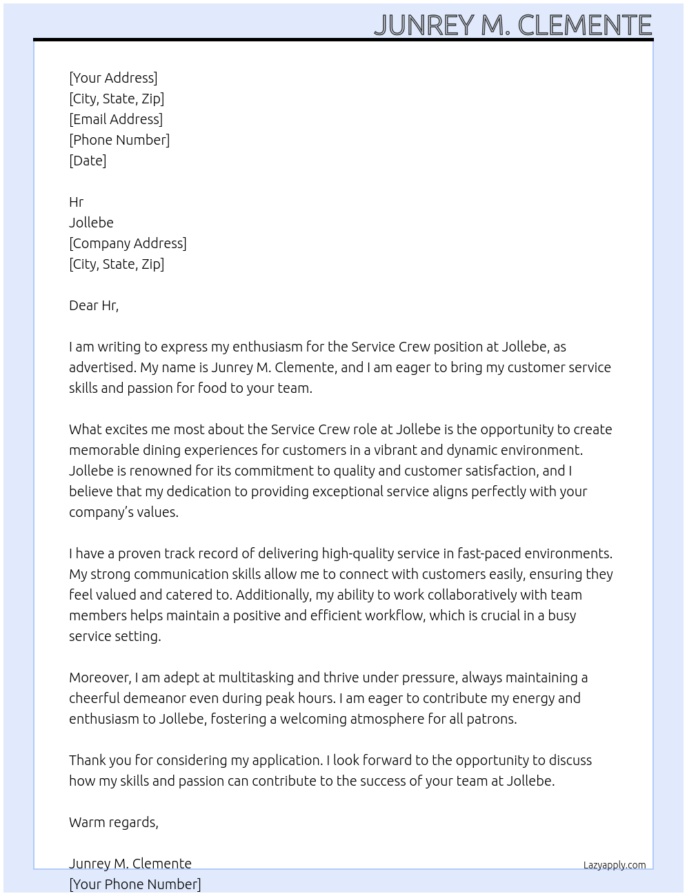 Service Crew At Jollebe Cover Letter