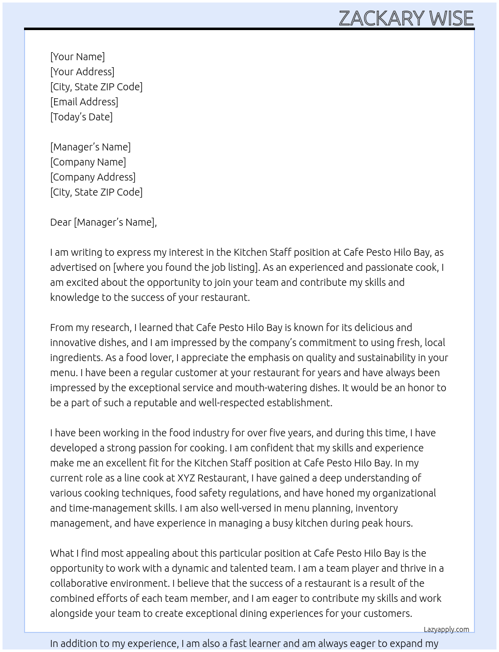 Kitchen Staff At Cafe Pesto Hilo Bay Cover Letter