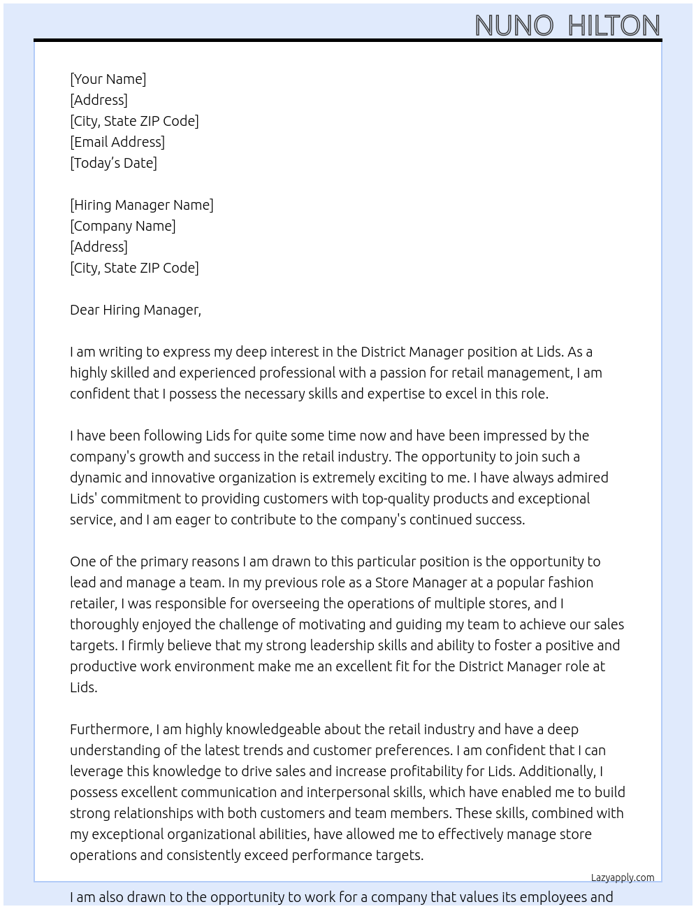 District Manager At Lids Cover Letter