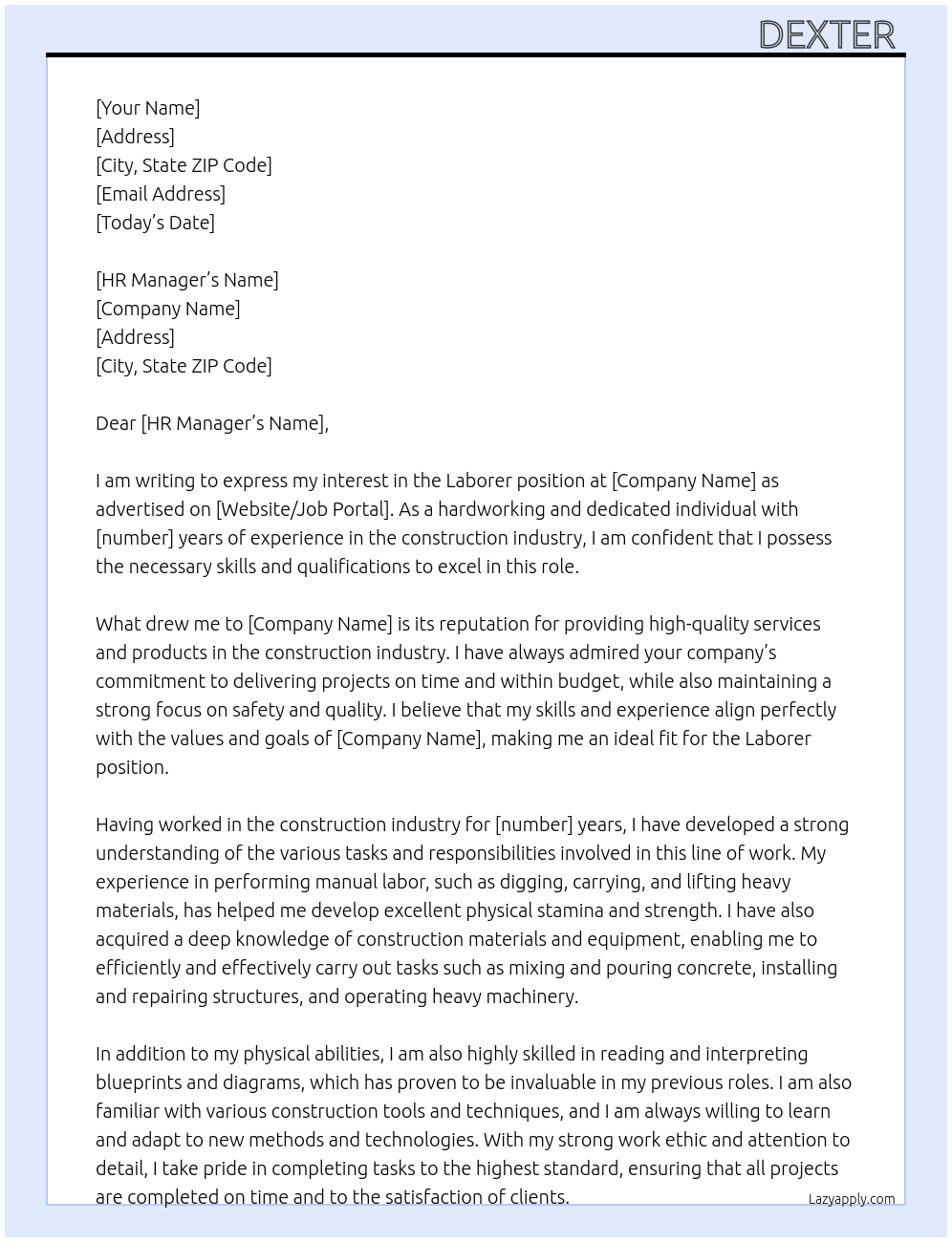 Laborer At company Cover Letter