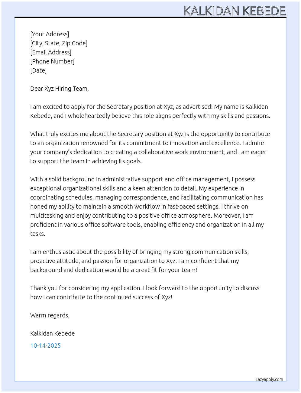 Secretary  At Xyz Cover Letter