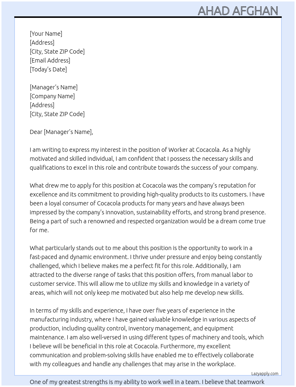 Worker At Cocacola Cover Letter