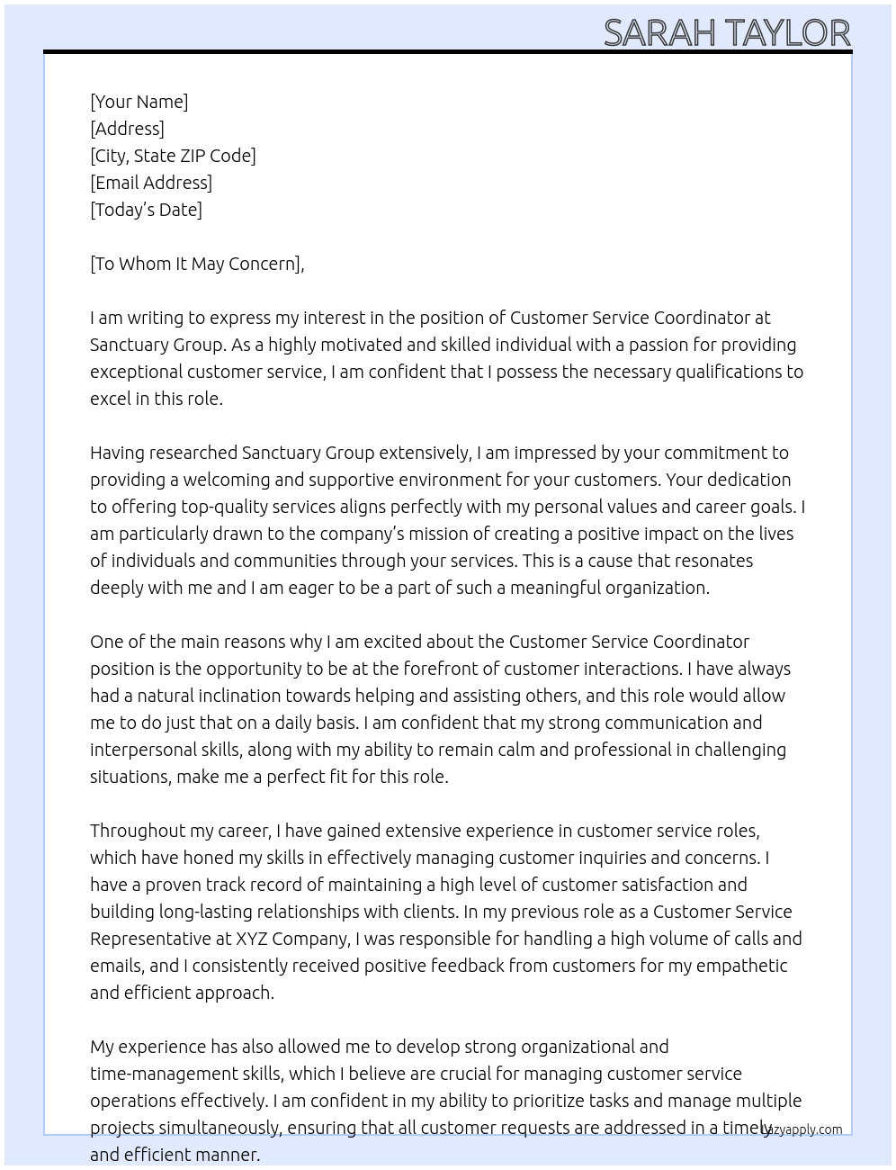 customer service coordinator  At santuary Group Cover Letter