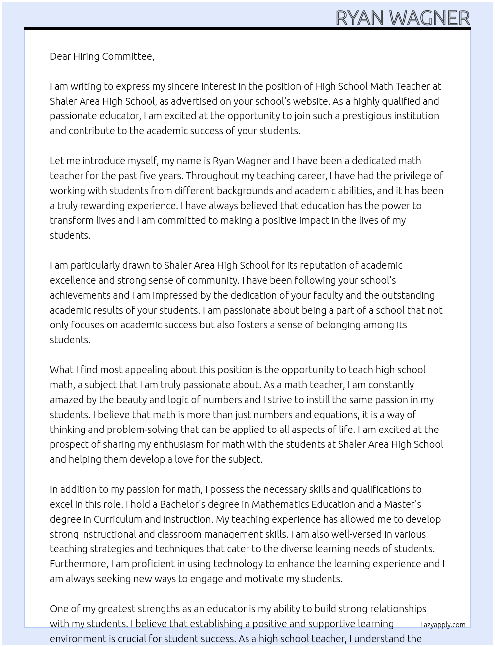 High School Math Teacher At Shaler Area High School Cover Letter