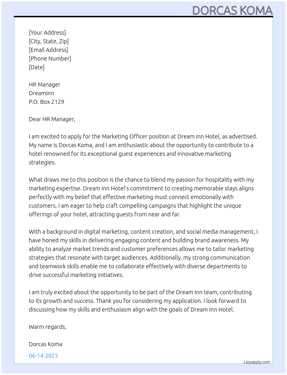 Marketing Officer At Dream Inn Hotel Cover Letter